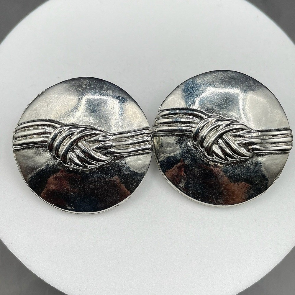 Vintage Silver-Tone Textured Knot Disc Stud Earrings Modern Minimalist